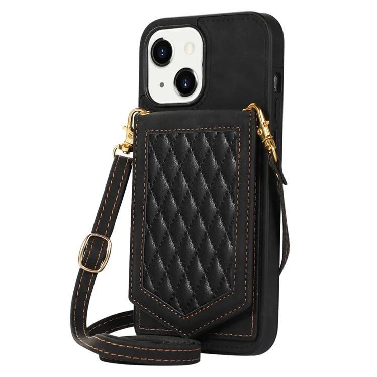 For iPhone 15 RFID Blocking Card Holder Phone Case Mirror Kickstand Imprinted PU Leather Coated TPU Cover with Shoulder Strap - Black