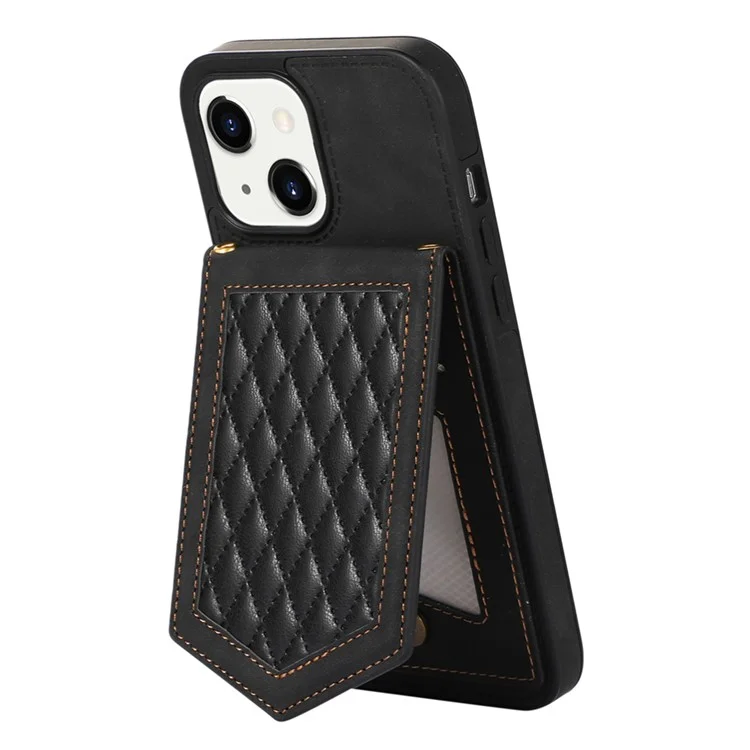 For iPhone 15 RFID Blocking Card Holder Phone Case Mirror Kickstand Imprinted PU Leather Coated TPU Cover with Shoulder Strap - Black