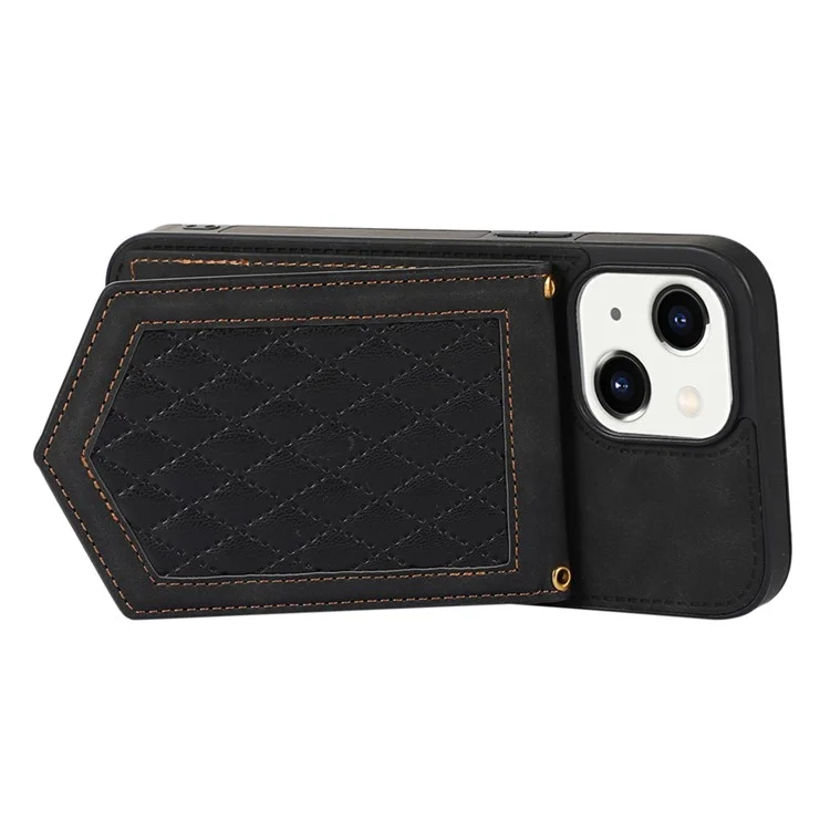For iPhone 15 RFID Blocking Card Holder Phone Case Mirror Kickstand Imprinted PU Leather Coated TPU Cover with Shoulder Strap - Black