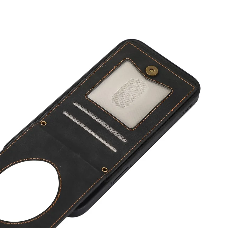 For iPhone 15 RFID Blocking Card Holder Phone Case Mirror Kickstand Imprinted PU Leather Coated TPU Cover with Shoulder Strap - Black