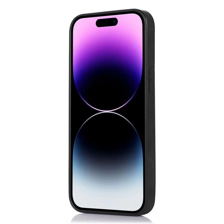 For iPhone 15 RFID Blocking Card Holder Phone Case Mirror Kickstand Imprinted PU Leather Coated TPU Cover with Shoulder Strap - Black