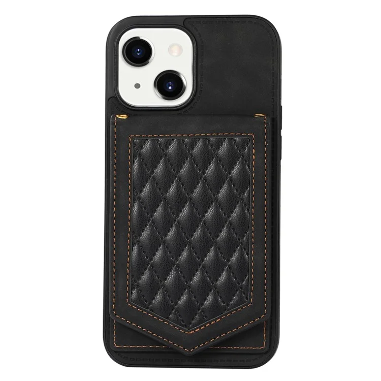 For iPhone 15 RFID Blocking Card Holder Phone Case Mirror Kickstand Imprinted PU Leather Coated TPU Cover with Shoulder Strap - Black