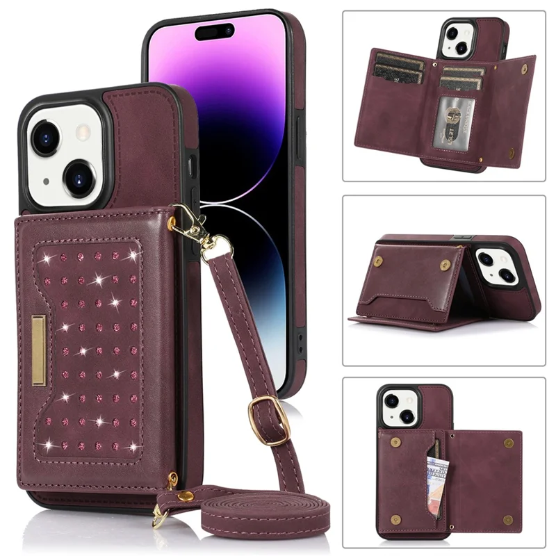 For iPhone 15 RFID Blocking PU Leather + TPU Phone Case Rhinestone Decor Wallet Kickstand Cover with Shoulder Strap - Red