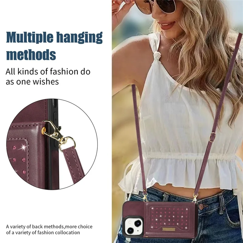 For iPhone 15 RFID Blocking PU Leather + TPU Phone Case Rhinestone Decor Wallet Kickstand Cover with Shoulder Strap - Red