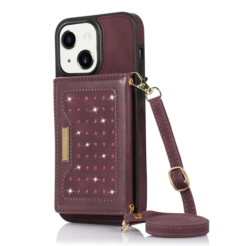 For iPhone 15 RFID Blocking PU Leather + TPU Phone Case Rhinestone Decor Wallet Kickstand Cover with Shoulder Strap - Red