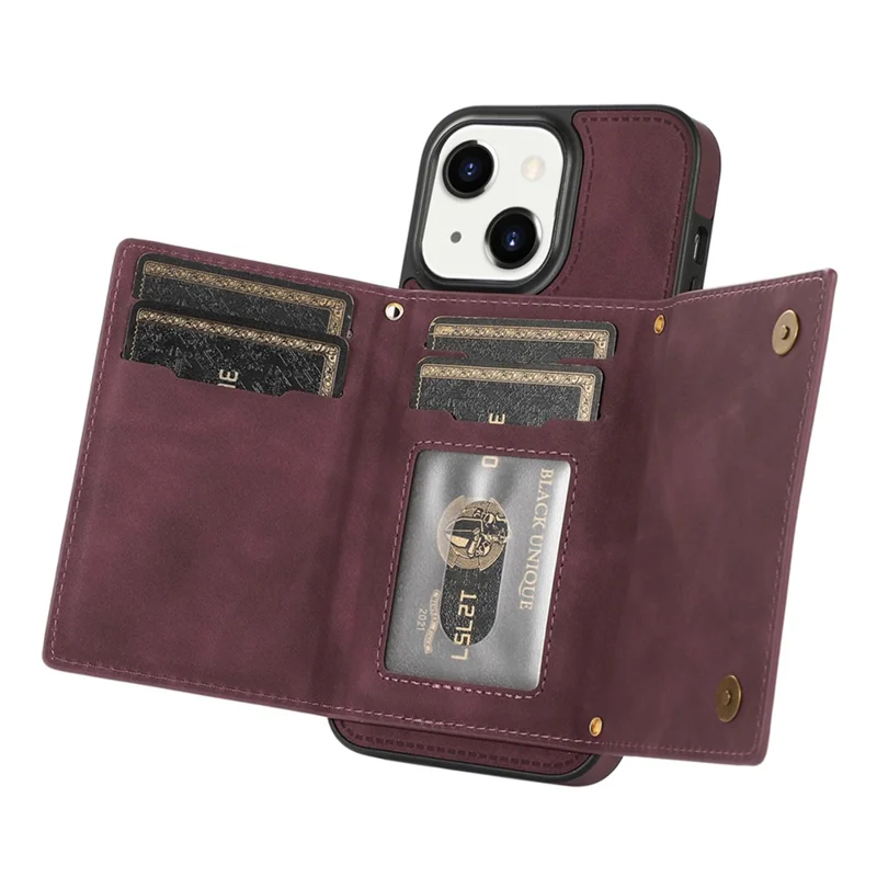 For iPhone 15 RFID Blocking PU Leather + TPU Phone Case Rhinestone Decor Wallet Kickstand Cover with Shoulder Strap - Red