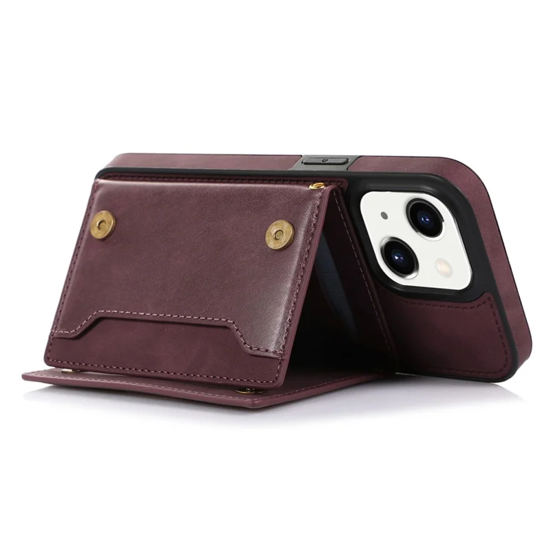 For iPhone 15 RFID Blocking PU Leather + TPU Phone Case Rhinestone Decor Wallet Kickstand Cover with Shoulder Strap - Red