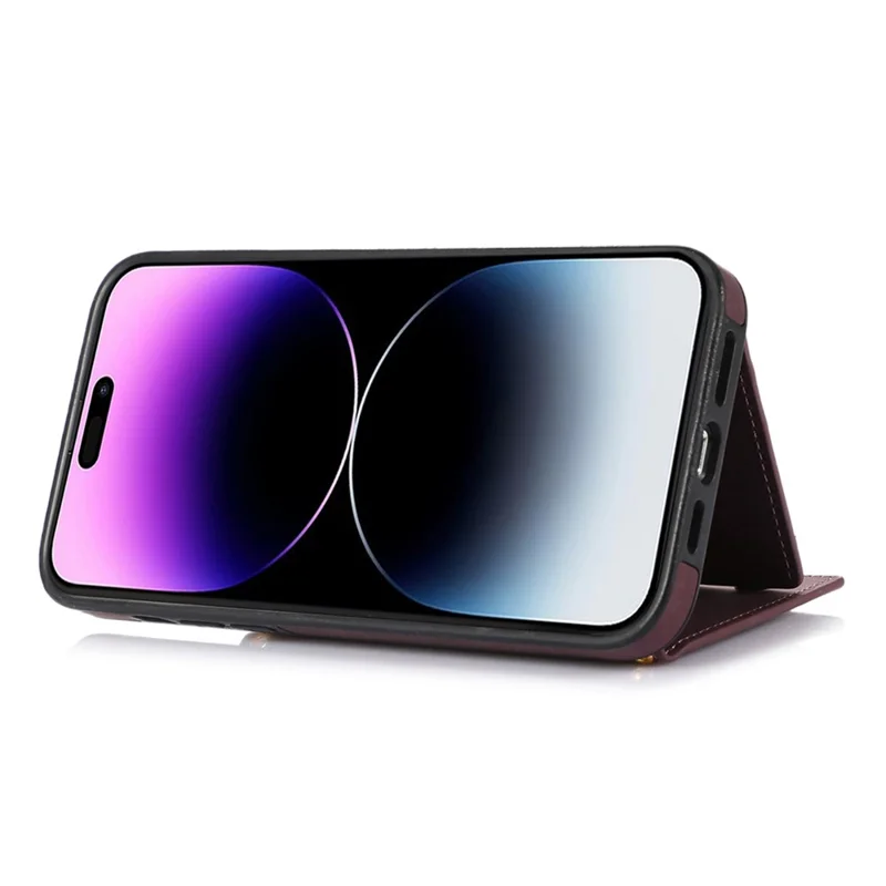 For iPhone 15 RFID Blocking PU Leather + TPU Phone Case Rhinestone Decor Wallet Kickstand Cover with Shoulder Strap - Red