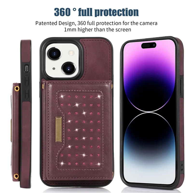 For iPhone 15 RFID Blocking PU Leather + TPU Phone Case Rhinestone Decor Wallet Kickstand Cover with Shoulder Strap - Red