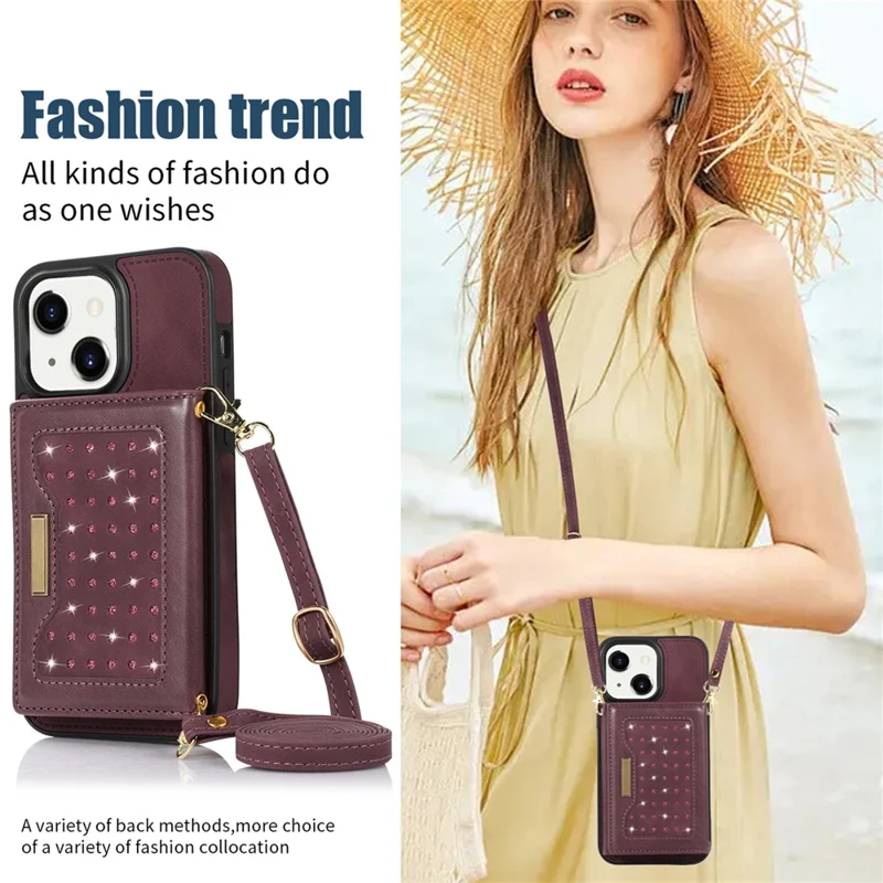 For iPhone 15 RFID Blocking PU Leather + TPU Phone Case Rhinestone Decor Wallet Kickstand Cover with Shoulder Strap - Red