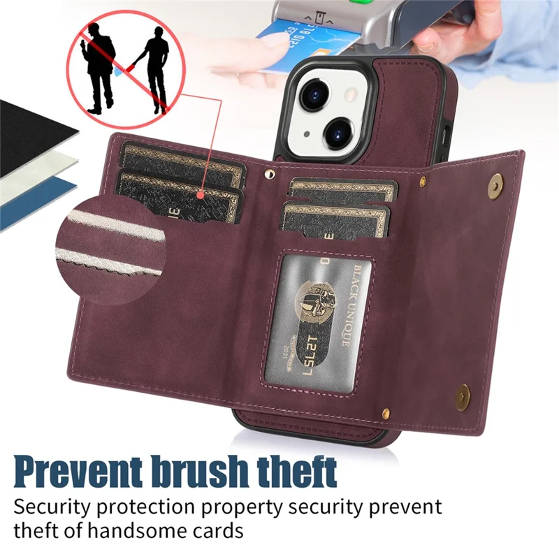 For iPhone 15 RFID Blocking PU Leather + TPU Phone Case Rhinestone Decor Wallet Kickstand Cover with Shoulder Strap - Red