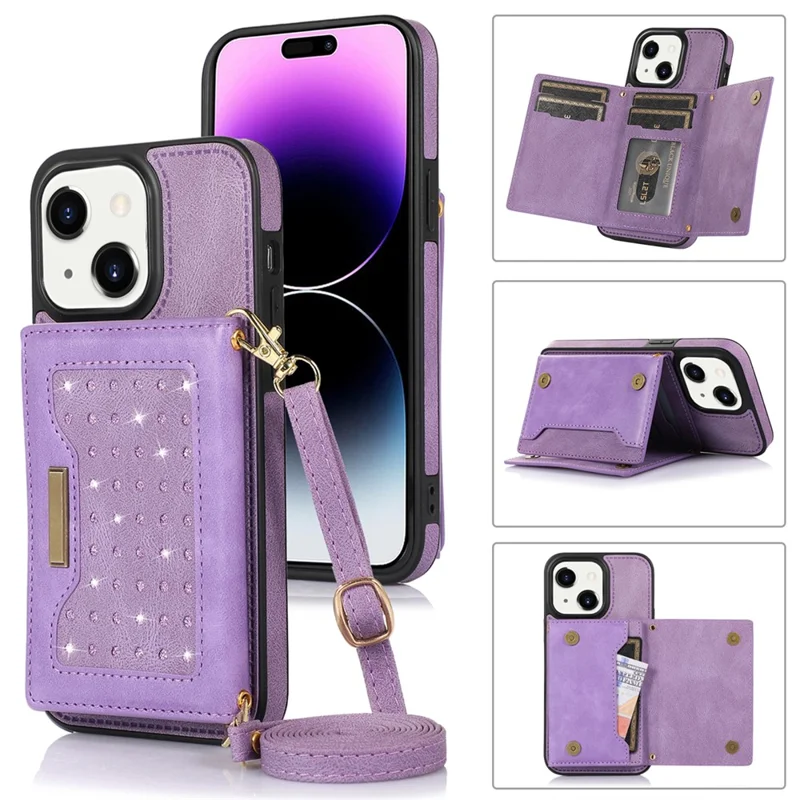 For iPhone 15 RFID Blocking PU Leather + TPU Phone Case Rhinestone Decor Wallet Kickstand Cover with Shoulder Strap - Purple