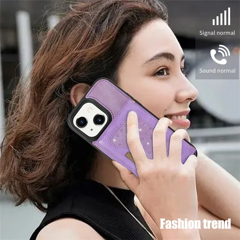 For iPhone 15 RFID Blocking PU Leather + TPU Phone Case Rhinestone Decor Wallet Kickstand Cover with Shoulder Strap - Purple