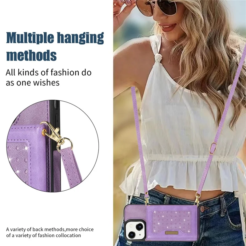For iPhone 15 RFID Blocking PU Leather + TPU Phone Case Rhinestone Decor Wallet Kickstand Cover with Shoulder Strap - Purple