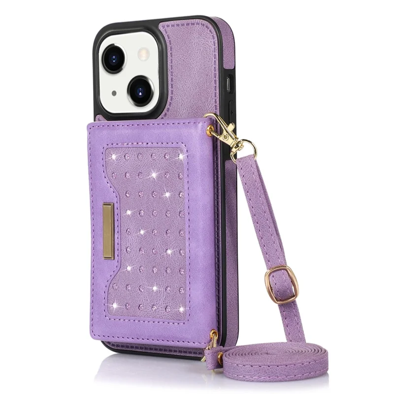 For iPhone 15 RFID Blocking PU Leather + TPU Phone Case Rhinestone Decor Wallet Kickstand Cover with Shoulder Strap - Purple