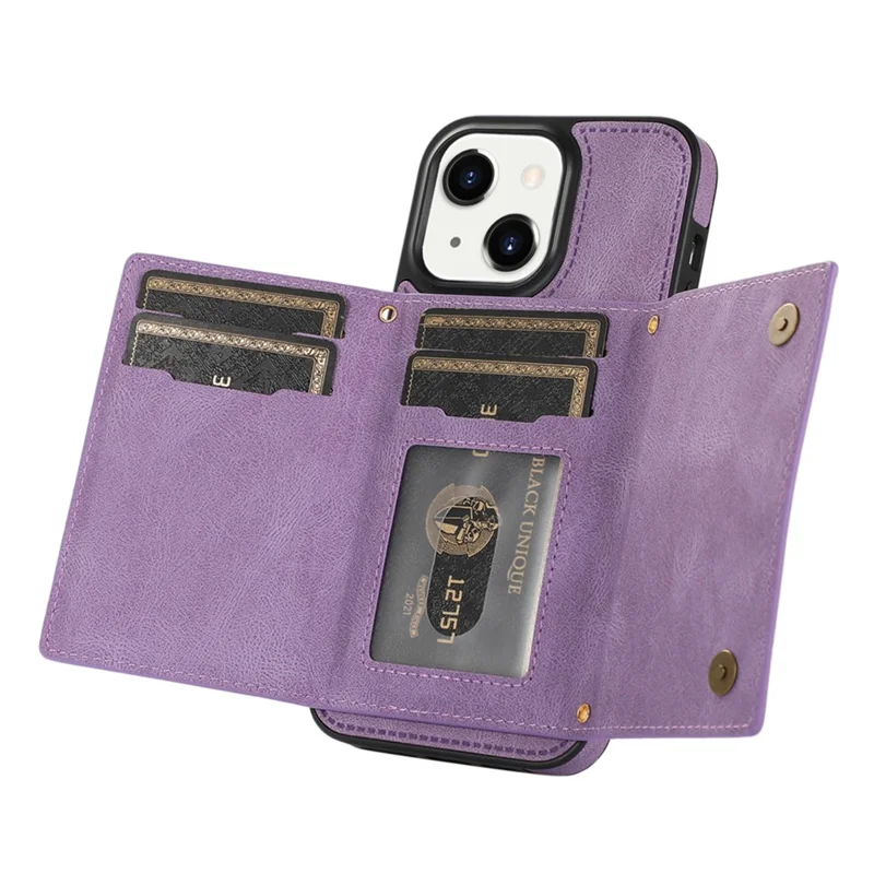 For iPhone 15 RFID Blocking PU Leather + TPU Phone Case Rhinestone Decor Wallet Kickstand Cover with Shoulder Strap - Purple
