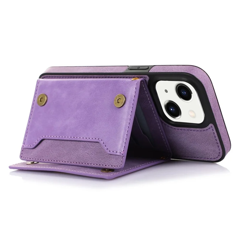 For iPhone 15 RFID Blocking PU Leather + TPU Phone Case Rhinestone Decor Wallet Kickstand Cover with Shoulder Strap - Purple
