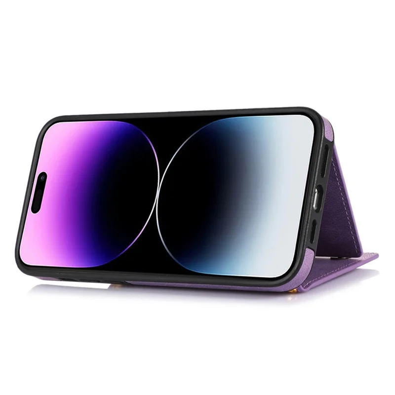 For iPhone 15 RFID Blocking PU Leather + TPU Phone Case Rhinestone Decor Wallet Kickstand Cover with Shoulder Strap - Purple