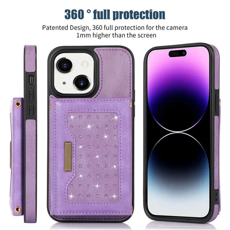 For iPhone 15 RFID Blocking PU Leather + TPU Phone Case Rhinestone Decor Wallet Kickstand Cover with Shoulder Strap - Purple