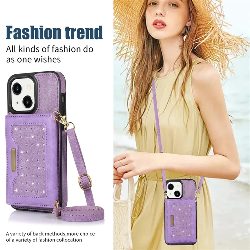For iPhone 15 RFID Blocking PU Leather + TPU Phone Case Rhinestone Decor Wallet Kickstand Cover with Shoulder Strap - Purple