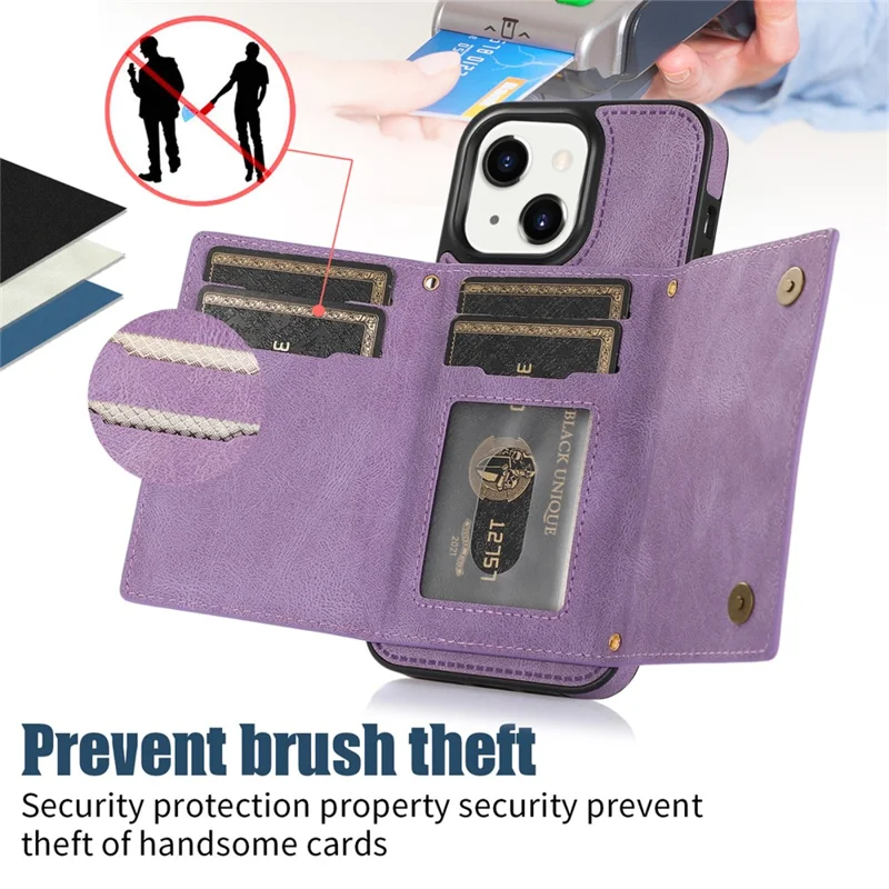 For iPhone 15 RFID Blocking PU Leather + TPU Phone Case Rhinestone Decor Wallet Kickstand Cover with Shoulder Strap - Purple