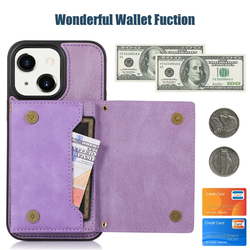 For iPhone 15 RFID Blocking PU Leather + TPU Phone Case Rhinestone Decor Wallet Kickstand Cover with Shoulder Strap - Purple