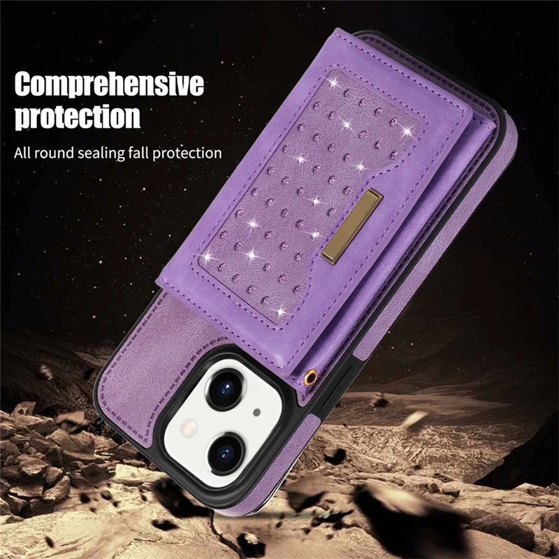 For iPhone 15 RFID Blocking PU Leather + TPU Phone Case Rhinestone Decor Wallet Kickstand Cover with Shoulder Strap - Purple