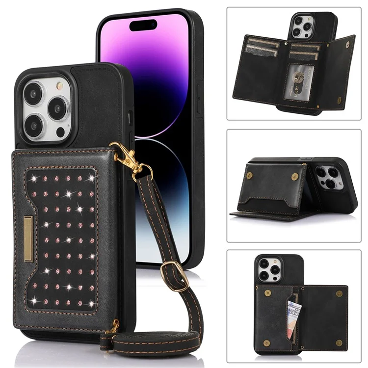 For iPhone 15 Pro Max PU Leather + TPU Kickstand Cover Rhinestone Decor Wallet RFID Blocking Phone Case with Shoulder Strap - Black