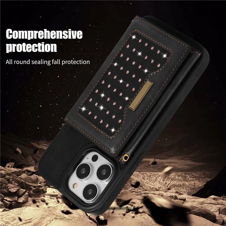 For iPhone 15 Pro Max PU Leather + TPU Kickstand Cover Rhinestone Decor Wallet RFID Blocking Phone Case with Shoulder Strap - Black