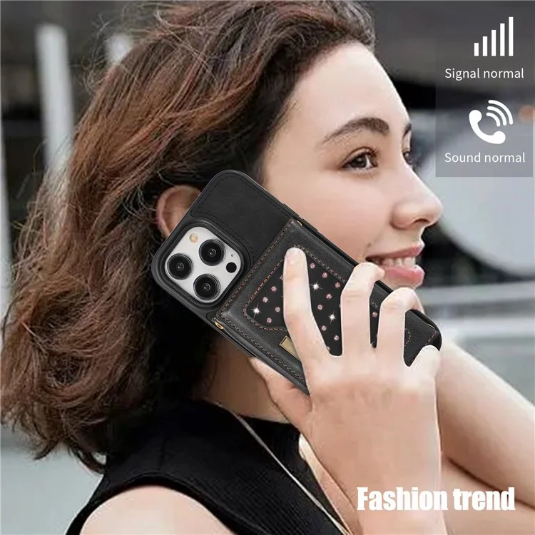 For iPhone 15 Pro Max PU Leather + TPU Kickstand Cover Rhinestone Decor Wallet RFID Blocking Phone Case with Shoulder Strap - Black