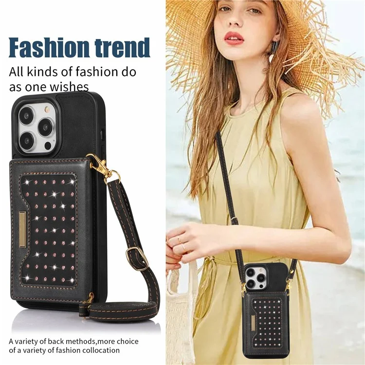 For iPhone 15 Pro Max PU Leather + TPU Kickstand Cover Rhinestone Decor Wallet RFID Blocking Phone Case with Shoulder Strap - Black