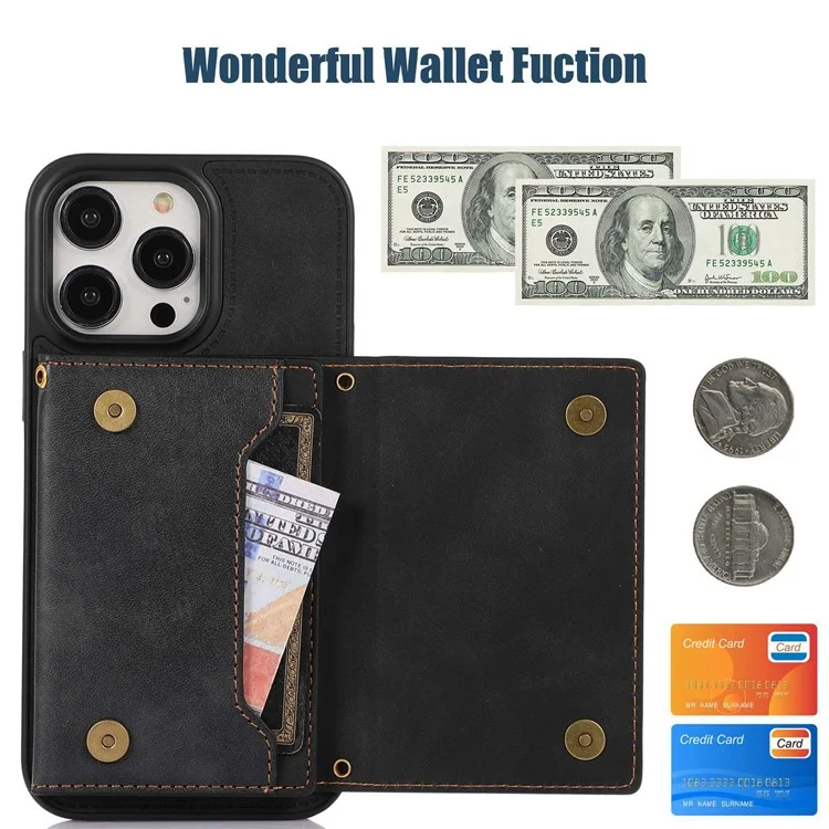 For iPhone 15 Pro Max PU Leather + TPU Kickstand Cover Rhinestone Decor Wallet RFID Blocking Phone Case with Shoulder Strap - Black