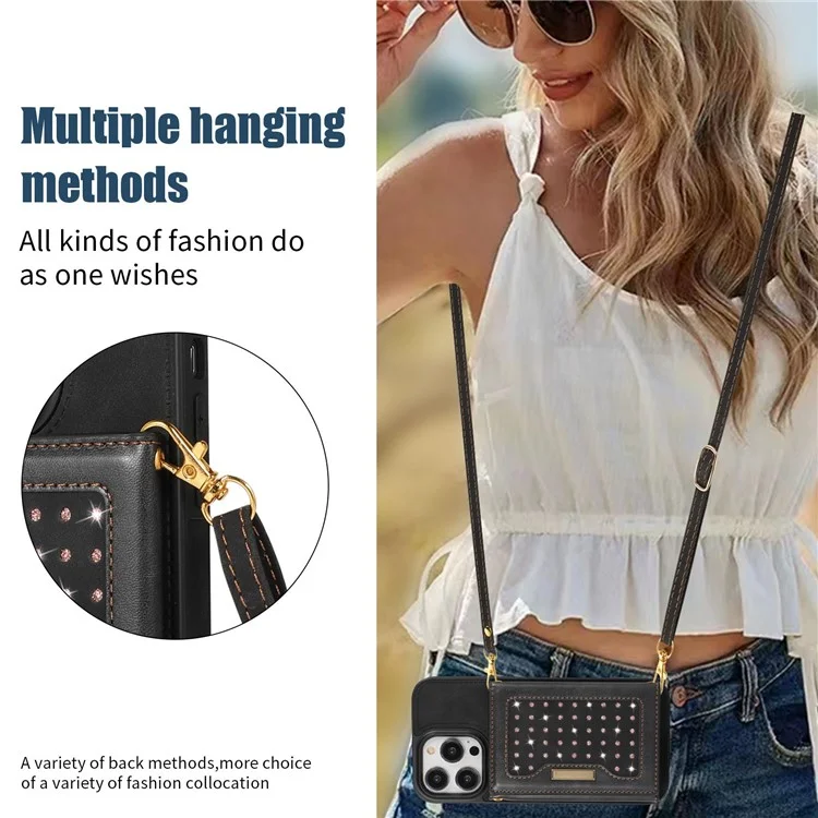For iPhone 15 Pro Max PU Leather + TPU Kickstand Cover Rhinestone Decor Wallet RFID Blocking Phone Case with Shoulder Strap - Black