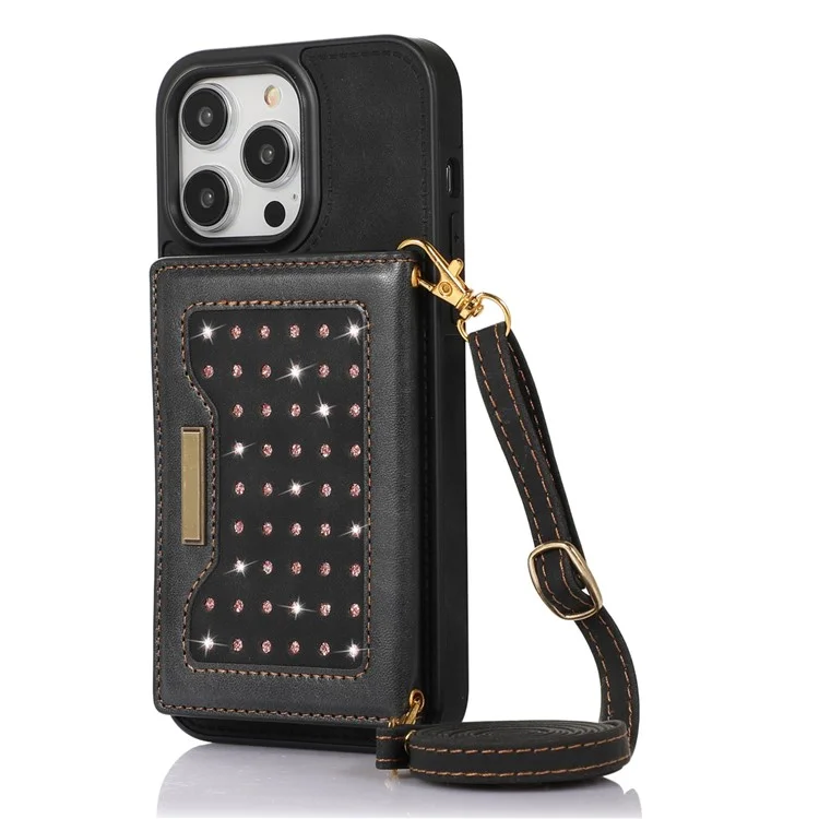 Per iPhone 15 Pro RFID Blocking Kickstand Cover PU Leather + TPU Rhinestone Decor Wallet Phone Case with Shoulder Strap - Nero