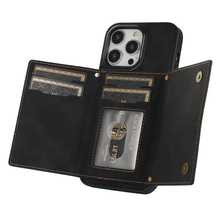 Per iPhone 15 Pro RFID Blocking Kickstand Cover PU Leather + TPU Rhinestone Decor Wallet Phone Case with Shoulder Strap - Nero