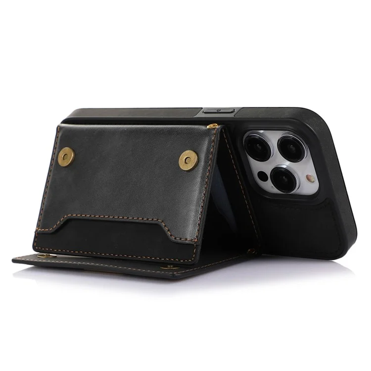 Per iPhone 15 Pro RFID Blocking Kickstand Cover PU Leather + TPU Rhinestone Decor Wallet Phone Case with Shoulder Strap - Nero