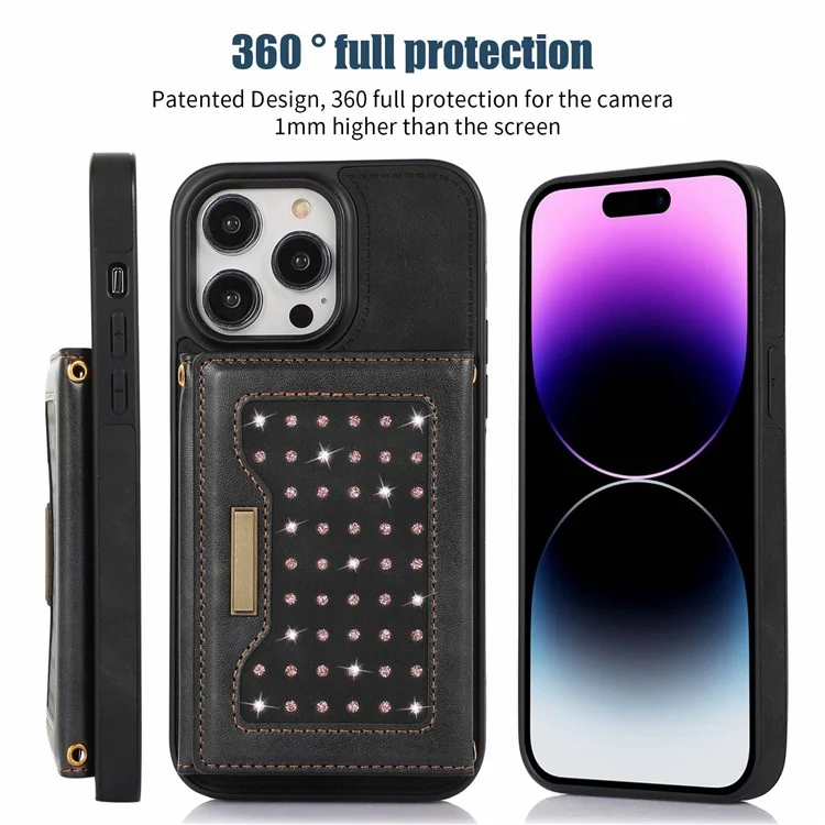 Per iPhone 15 Pro RFID Blocking Kickstand Cover PU Leather + TPU Rhinestone Decor Wallet Phone Case with Shoulder Strap - Nero