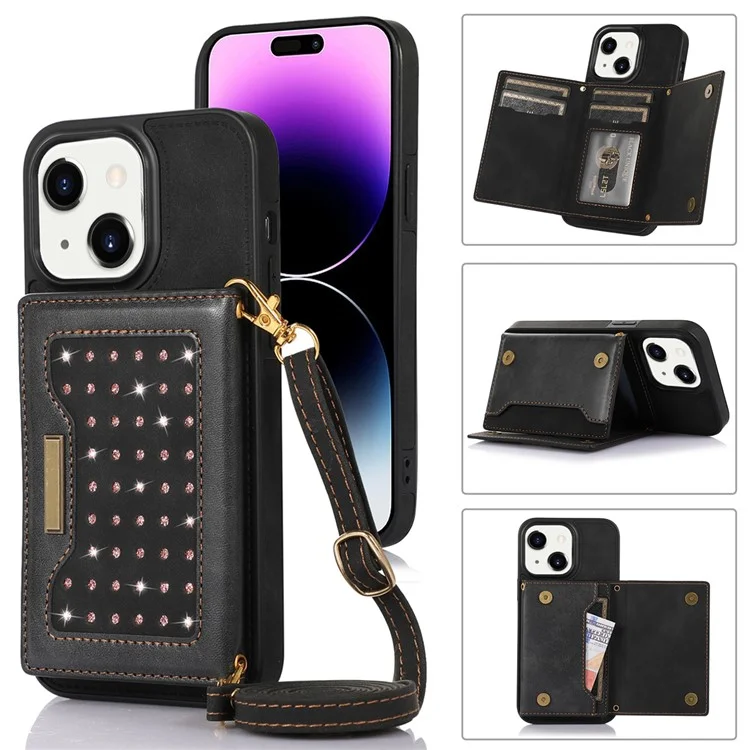 For iPhone 15 Plus Wallet RFID Blocking Phone Case Kickstand PU Leather + TPU Rhinestone Decor Cover with Shoulder Strap - Black
