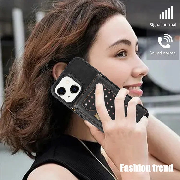 For iPhone 15 Plus Wallet RFID Blocking Phone Case Kickstand PU Leather + TPU Rhinestone Decor Cover with Shoulder Strap - Black
