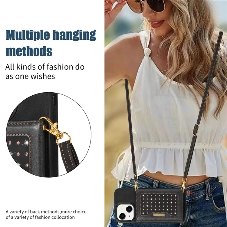 For iPhone 15 Plus Wallet RFID Blocking Phone Case Kickstand PU Leather + TPU Rhinestone Decor Cover with Shoulder Strap - Black