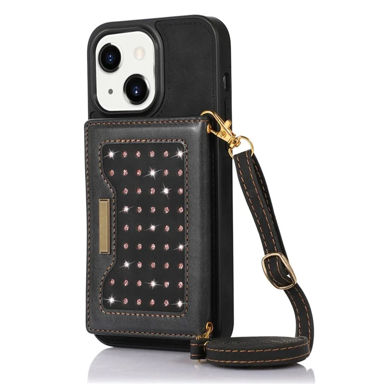 For iPhone 15 Plus Wallet RFID Blocking Phone Case Kickstand PU Leather + TPU Rhinestone Decor Cover with Shoulder Strap - Black