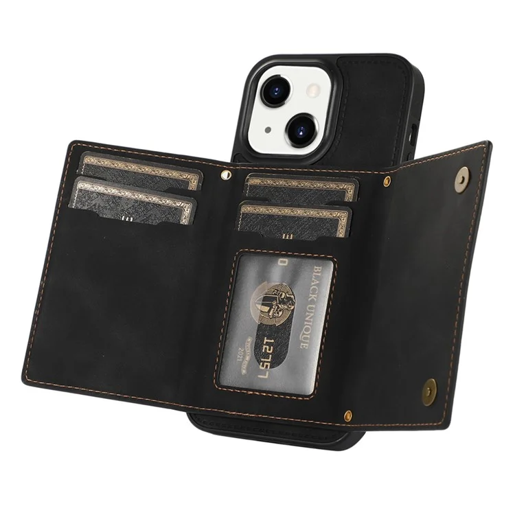 For iPhone 15 Plus Wallet RFID Blocking Phone Case Kickstand PU Leather + TPU Rhinestone Decor Cover with Shoulder Strap - Black