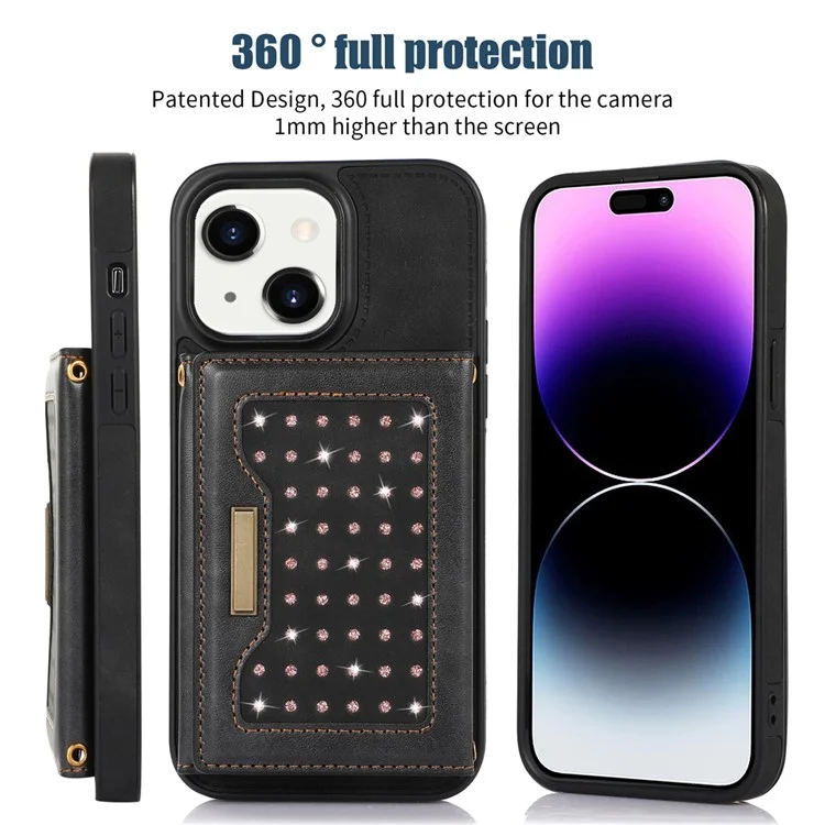 For iPhone 15 Plus Wallet RFID Blocking Phone Case Kickstand PU Leather + TPU Rhinestone Decor Cover with Shoulder Strap - Black