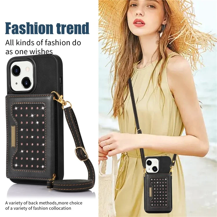 For iPhone 15 Plus Wallet RFID Blocking Phone Case Kickstand PU Leather + TPU Rhinestone Decor Cover with Shoulder Strap - Black