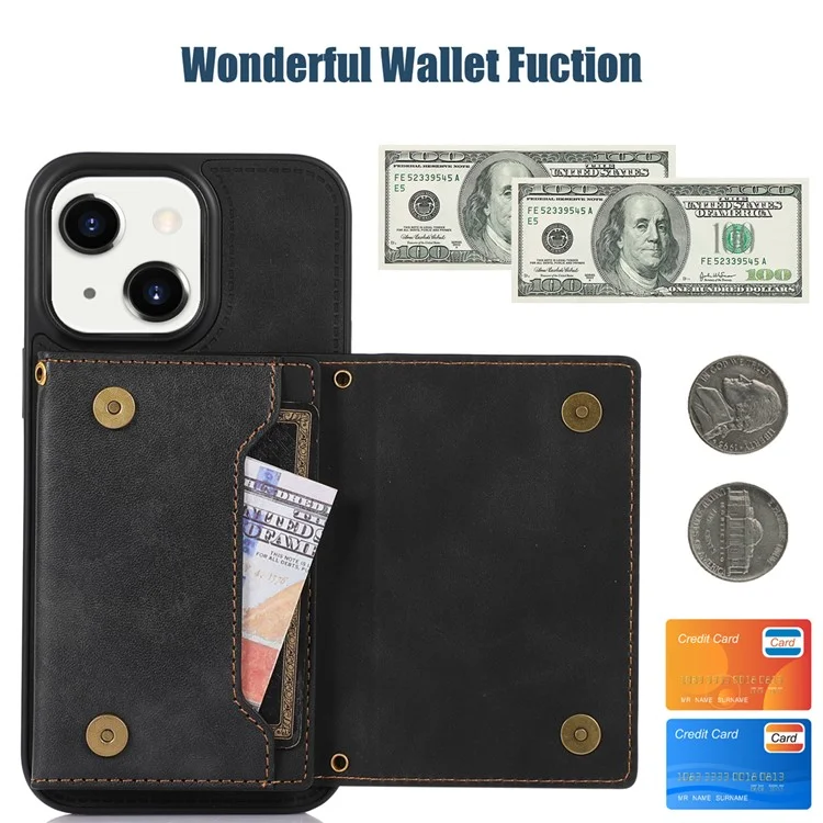 For iPhone 15 Plus Wallet RFID Blocking Phone Case Kickstand PU Leather + TPU Rhinestone Decor Cover with Shoulder Strap - Black