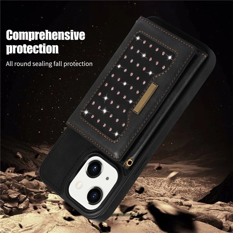 For iPhone 15 Plus Wallet RFID Blocking Phone Case Kickstand PU Leather + TPU Rhinestone Decor Cover with Shoulder Strap - Black