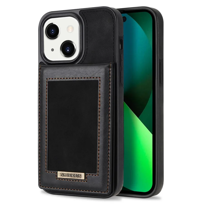 N.BEKUS RFID Blocking Phone Case for iPhone 15, Suporte de Cartão, Suporte para Kickstand, Capa de Couro Revestido de TPU - Preto