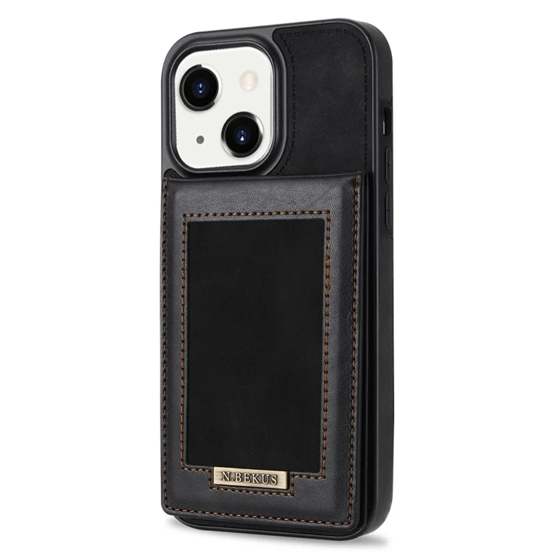 N.BEKUS RFID Blocking Phone Case for iPhone 15, Suporte de Cartão, Suporte para Kickstand, Capa de Couro Revestido de TPU - Preto
