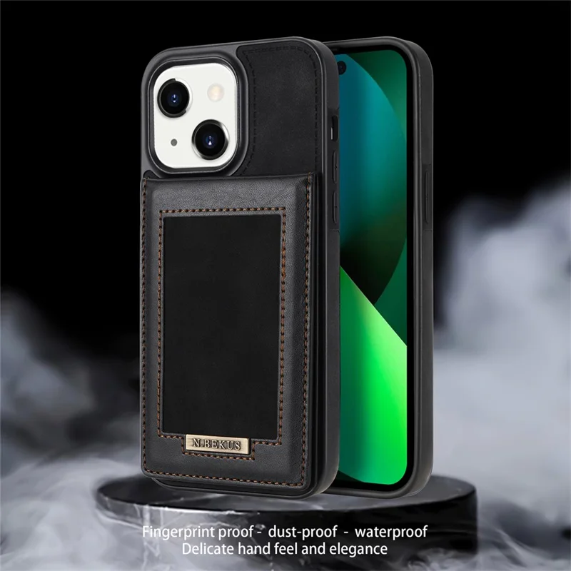 N.BEKUS Card Holder RFID Blocking Case für iPhone 15 Plus, PU-Leder beschichtete TPU-Ständer-Handyhülle - Schwarz