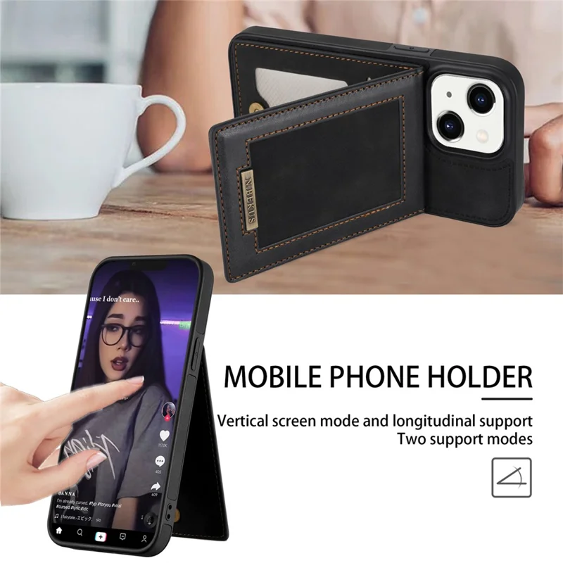 N.BEKUS Card Holder RFID Blocking Case für iPhone 15 Plus, PU-Leder beschichtete TPU-Ständer-Handyhülle - Schwarz